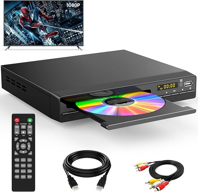 Tojock HDMI DVD Player 1080P mit USB, CD, HDMI- und RCA-Kabel, Fernbedienung, regionsfrei