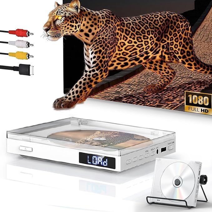 MAITE 1080P Mini DVD Player für Fernseher mit HDMI/AV-Ausgabe, USB, Fernbedienung und Ständer, tragbar, NTSC/PAL, weiß
