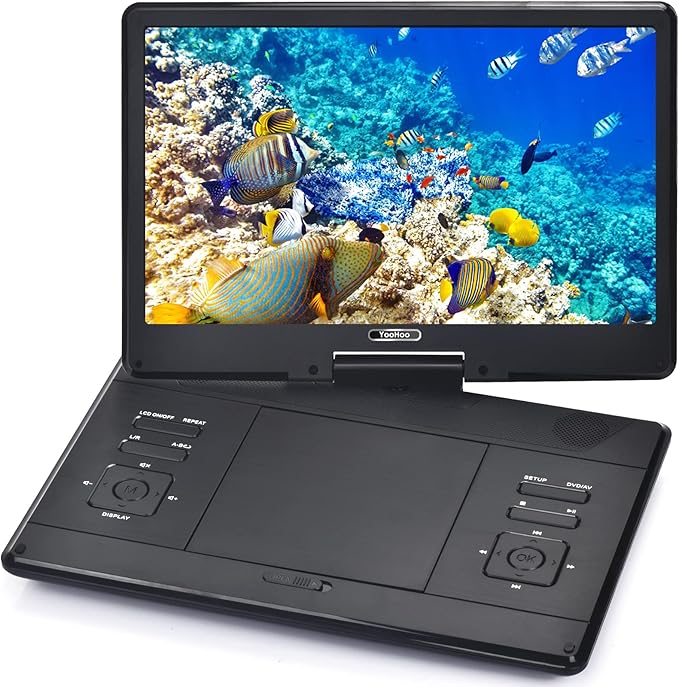 YOOHOO 16,9" Tragbarer DVD-Player mit 14,1" HD-Schwenkbildschirm, 4h Akkulaufzeit, USB/SD, TV-Sync & Auto-Adapter (Schwarz) – YOOHOO16